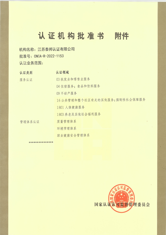 认证机构批准书附件